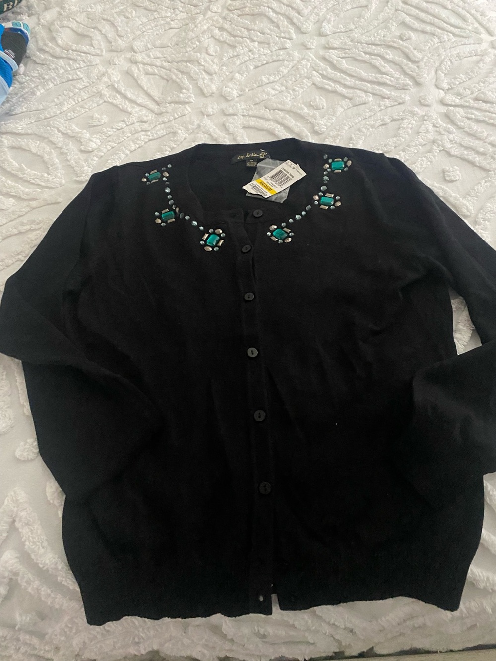 Black Embellished Cardigan with Turquoise Beading. NWT.   Size Medium